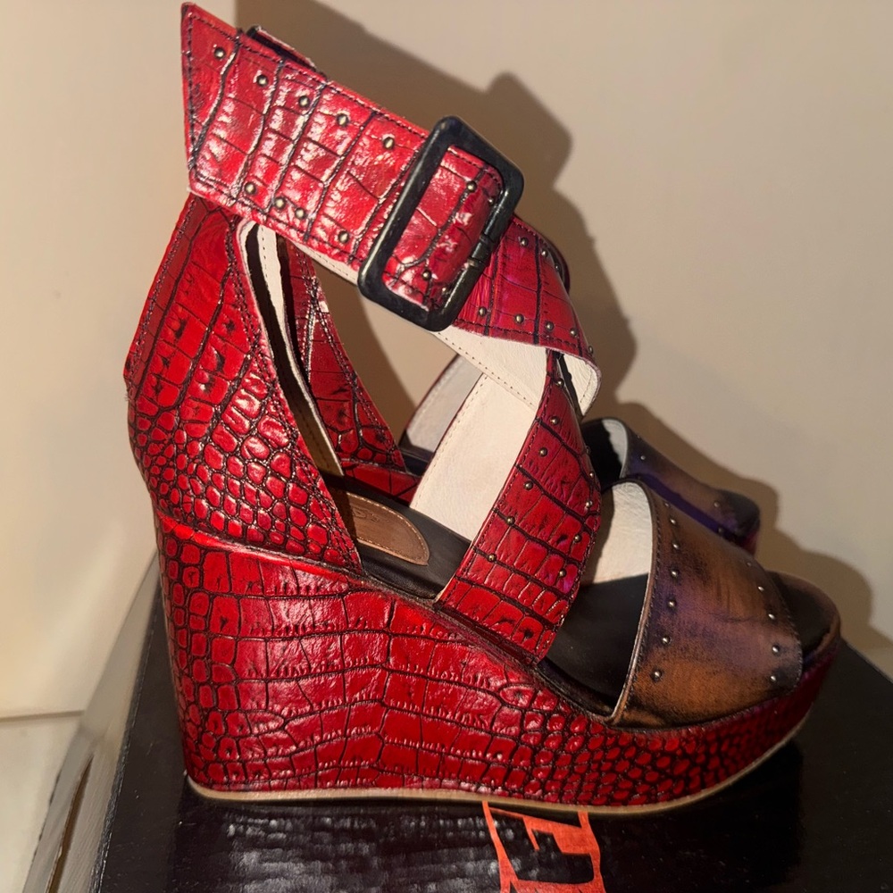 Freebird Red Croc-Pattern Wedge Sandals